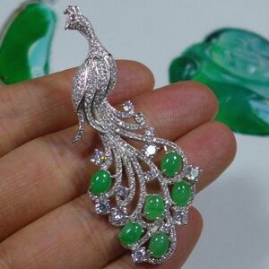 Cert'd Fine Natural A Emerald Jadeite Jade Oval Cabochon S925 Brooch Pendant